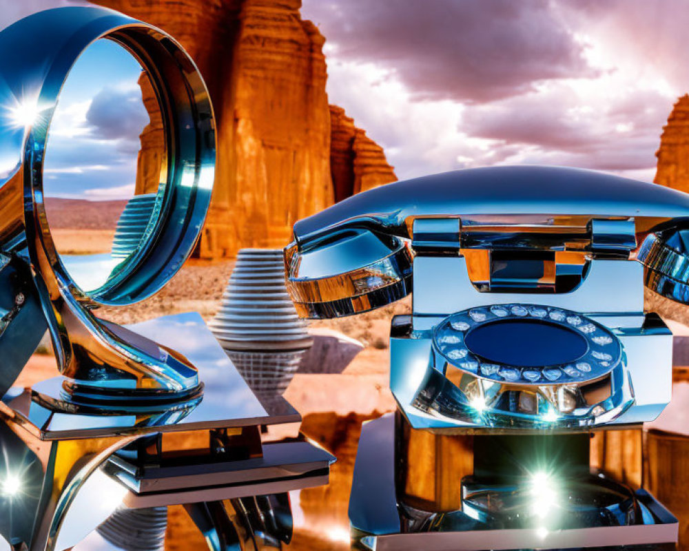Surrealistic metallic rotary phone in desert landscape