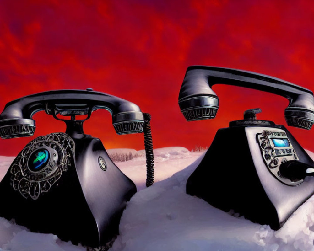 Vintage Black Rotary Telephones in Snow Against Dramatic Red Sky