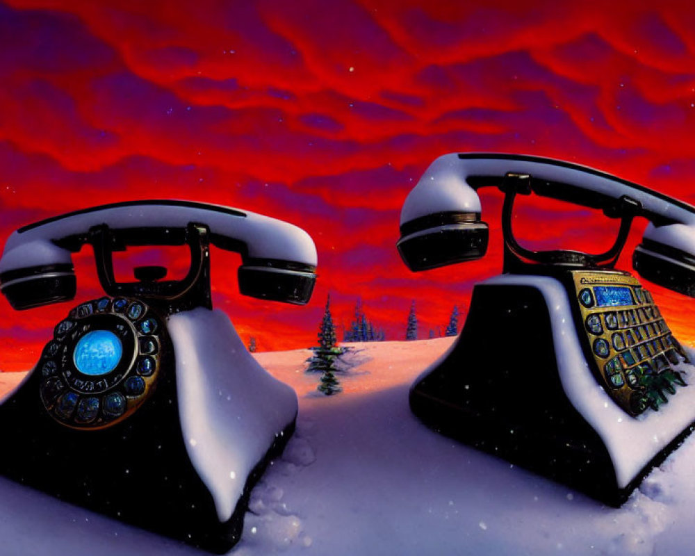 Vintage telephones in snowy landscape with red sky and silhouetted trees