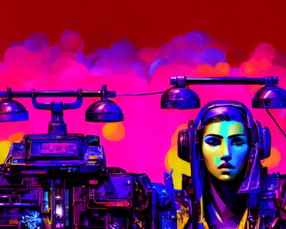 Digital artwork: Female cybernetic being with headphones on neon pink backdrop.