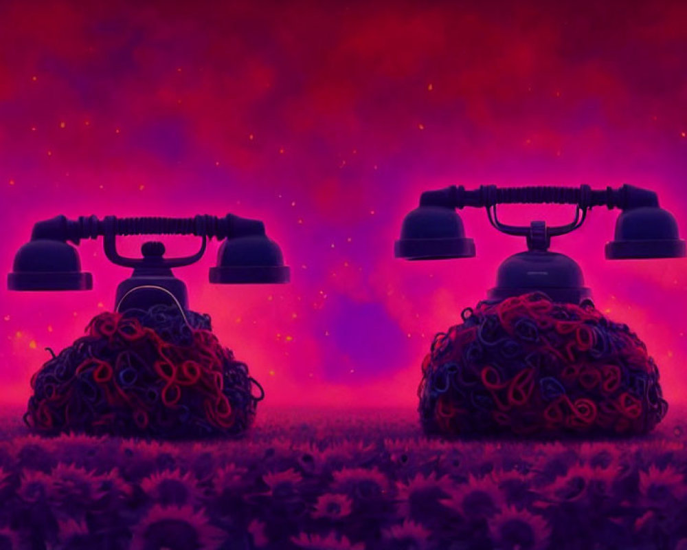 Vintage telephones with entangled cords on flower field under purple sky