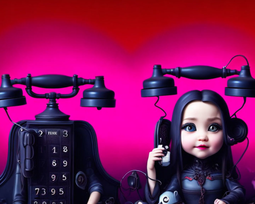 Young girl with big eyes holding vintage phone receiver amidst retro phones on pink background