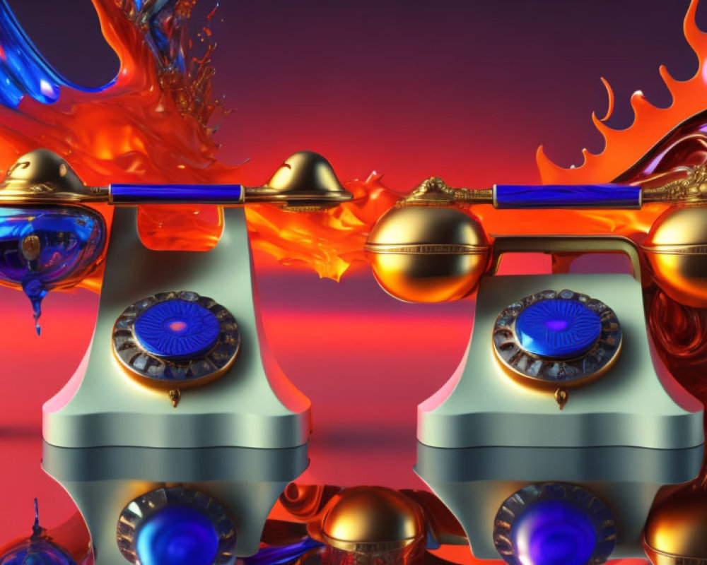 Futuristic orange and blue flame scales on red background with golden spheres and cityscape reflections