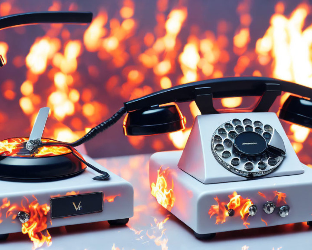 Vintage rotary phone and answering machine engulfed in flames