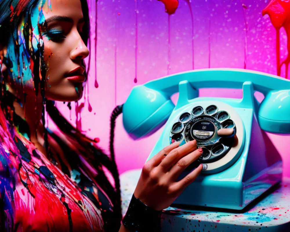 Colorful paint drips on woman with vintage phone, pink and blue background