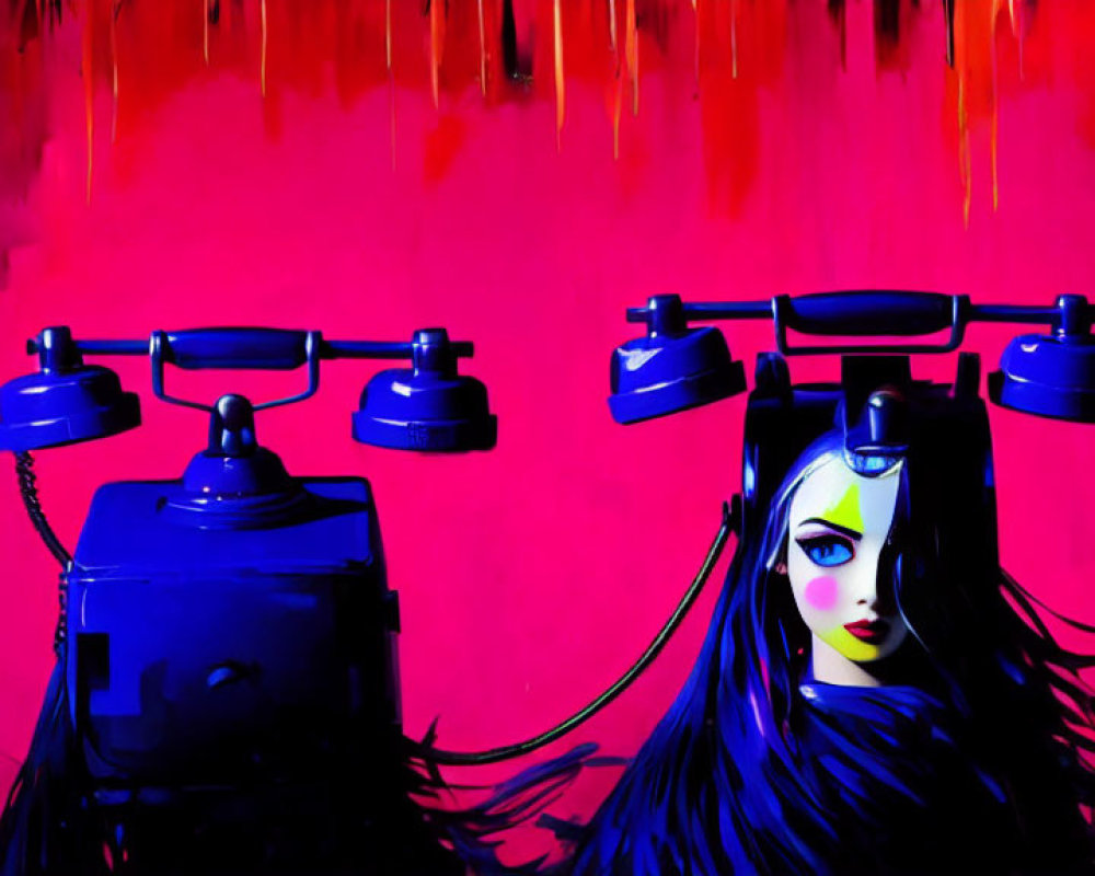 Surreal illustration of floating phone parts above female robot on red background