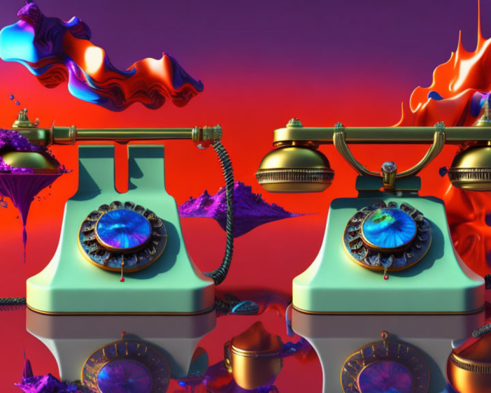 Vintage turquoise telephones on surreal purple islands with flames and fluid shapes on red-purple gradient.