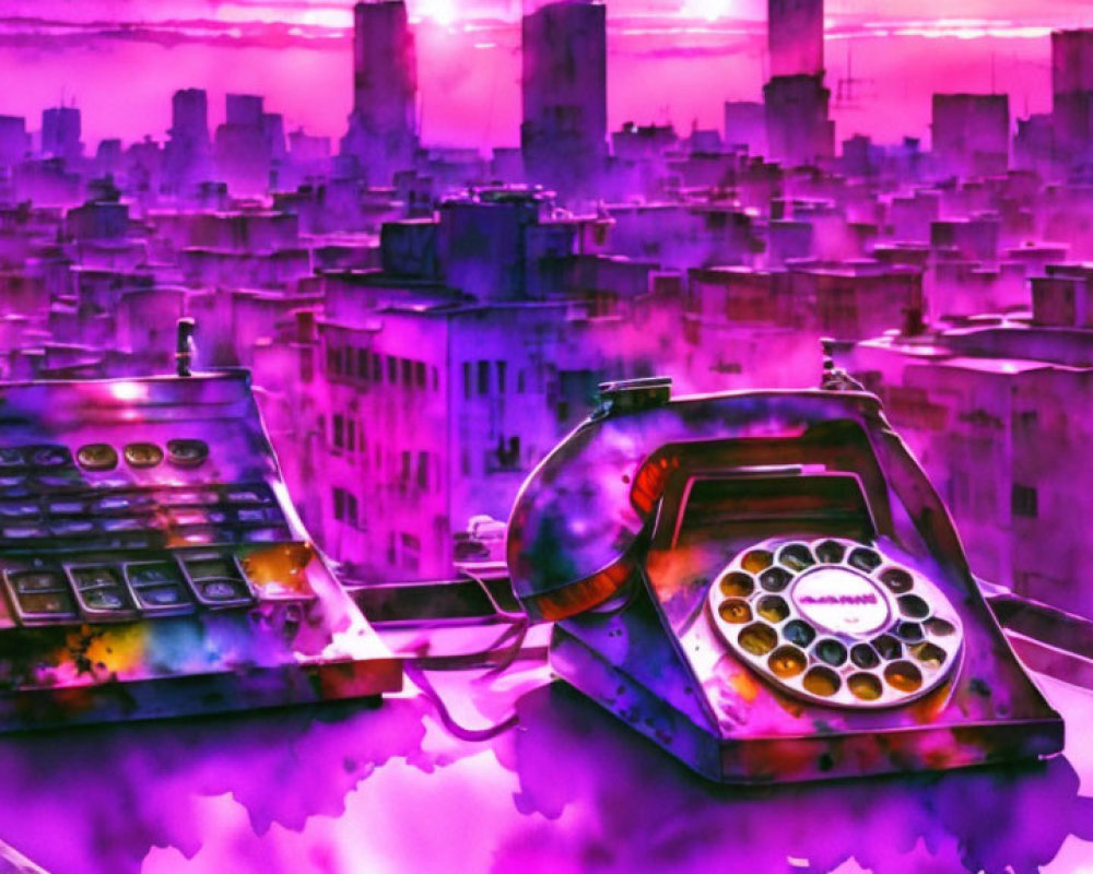 Colorful neon artwork: old-fashioned telephone, cash register, reflective surface, blurry cityscape.