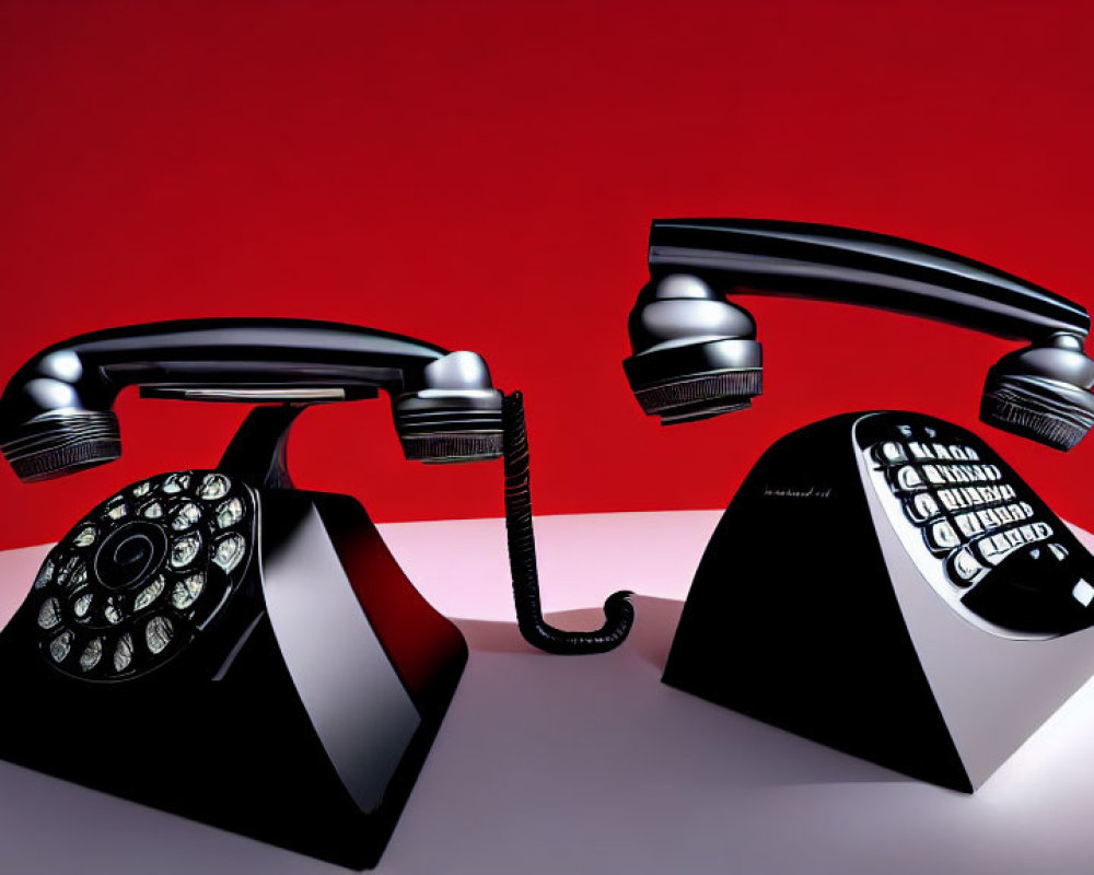 Vintage black rotary dial telephones with handsets off cradles on red and white background