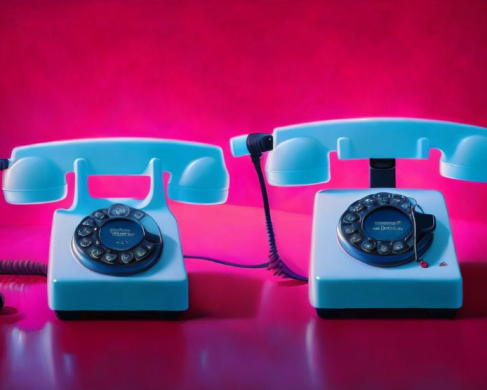 Vintage pink and blue rotary dial telephones on red and purple gradient backdrop