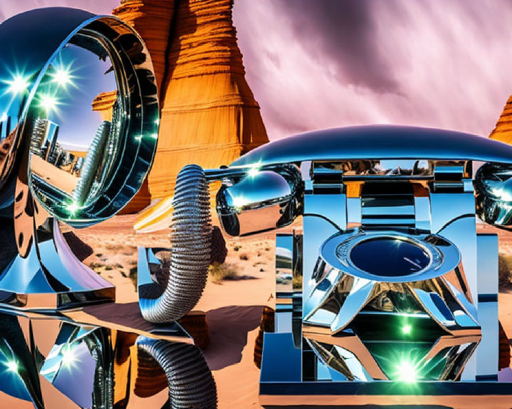 Reflective futuristic desert sculpture under blue skies