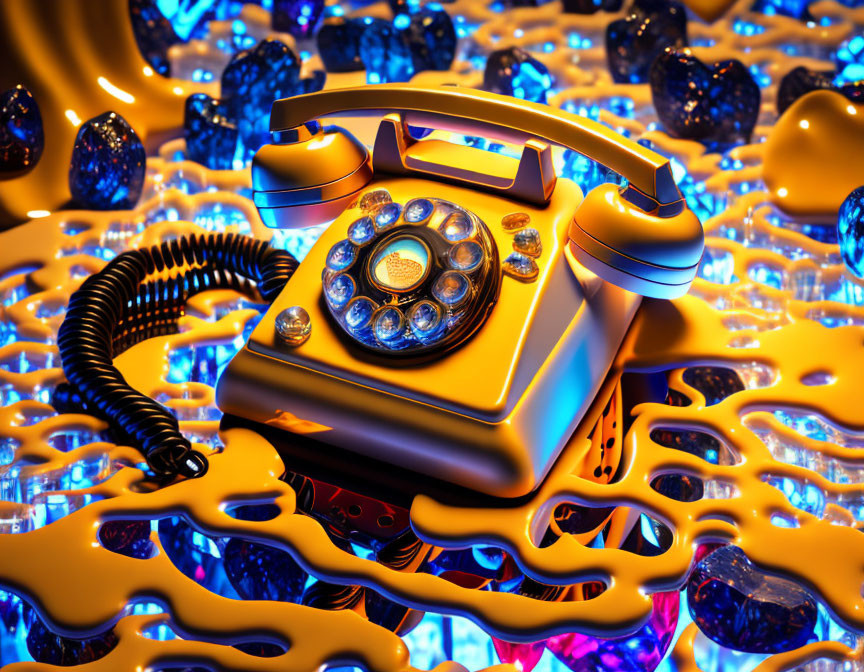 Colorful 3D rendering of orange rotary phone in honey with blueberries on blue and purple backdrop