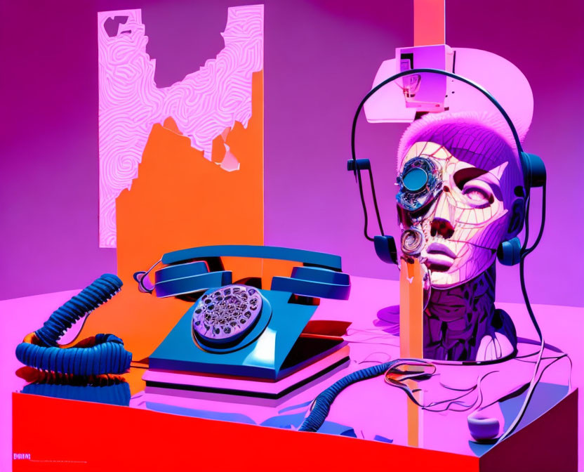 Colorful art installation with mannequin head, mechanical eye, headphones, vintage telephone, and abstract