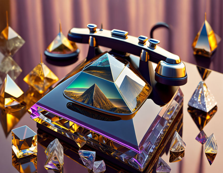 Abstract glossy structure with crystal formations and levitating controller in futuristic scene