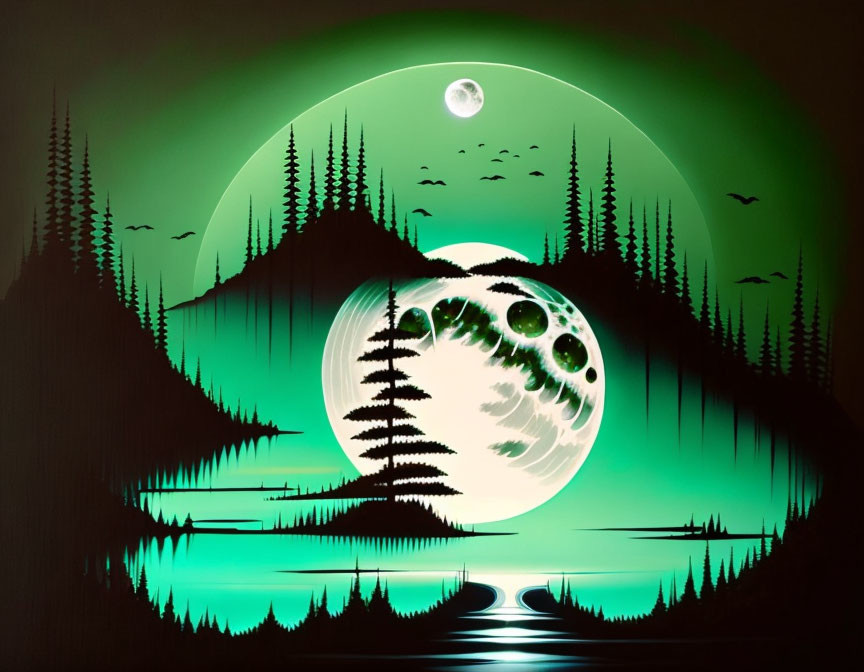 Night scene with full moon, pine trees, lake, birds, and smaller moon.