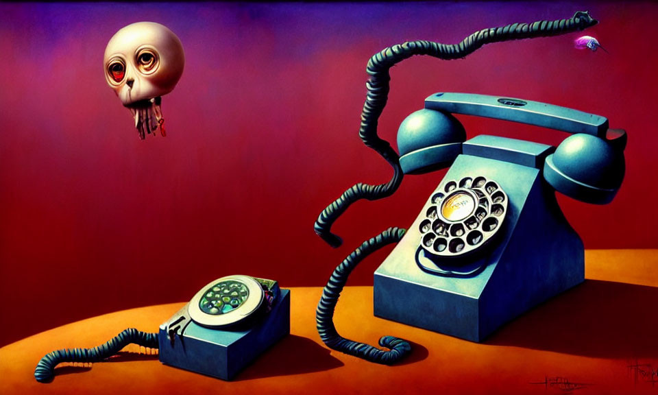 Surreal painting: floating skull face and snake-like phone handset
