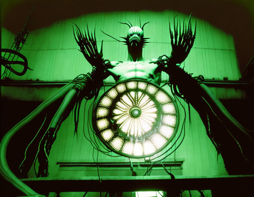 Surreal green-tinted mechanized entity with spiky appendages on industrial backdrop