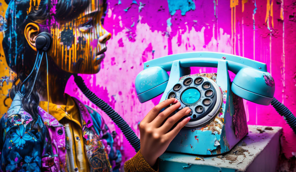 Colorful Street Art Mural of Girl with Headphones and Retro Phone