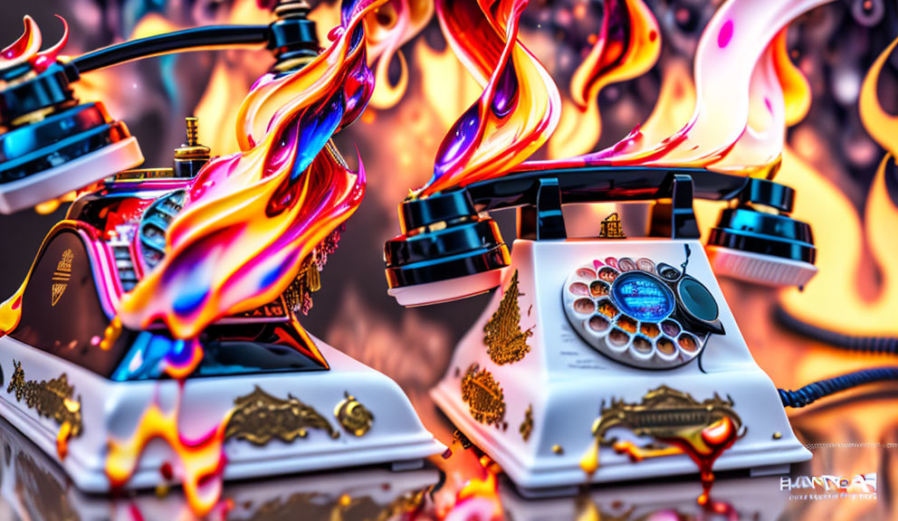 Surreal Artwork: Vintage Telephones in Vibrant Flames