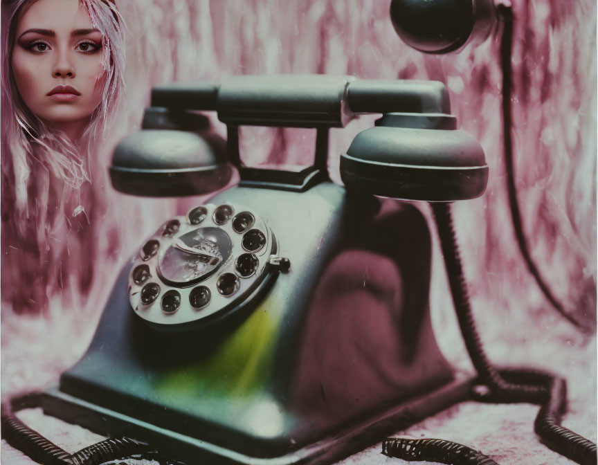 Vintage Rotary Telephone with Contemplative Woman in Bluish-Pink Setting