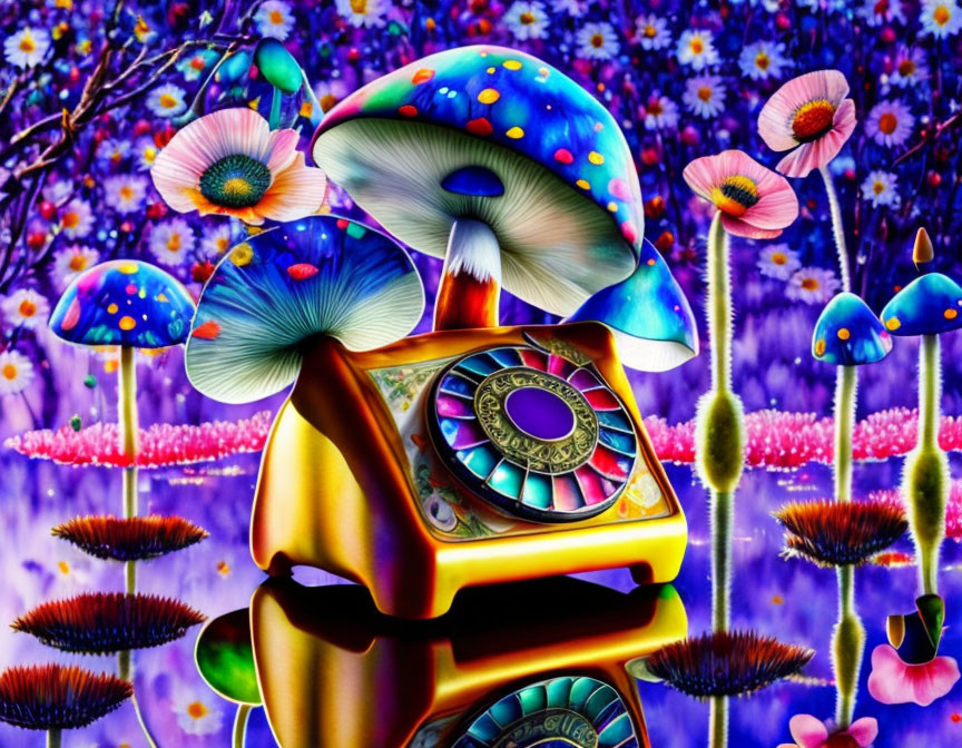 Colorful psychedelic artwork: old-fashioned phone with mushroom handset amidst flowers and water