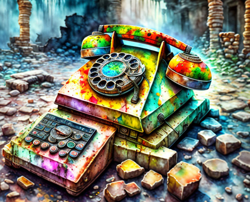 Colorful Painting: Rotary Telephone in Post-Apocalyptic Setting