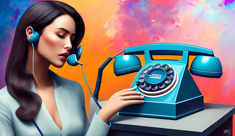 Illustration of woman with headset on vintage rotary phone against abstract background