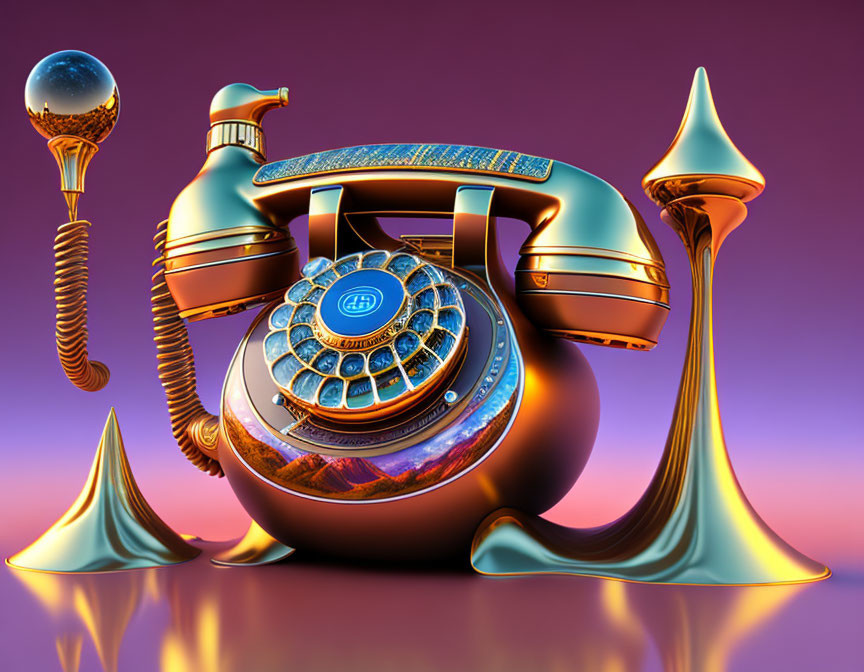 Abstract Surreal Old Rotary Phone with Metallic Shapes on Purple Background