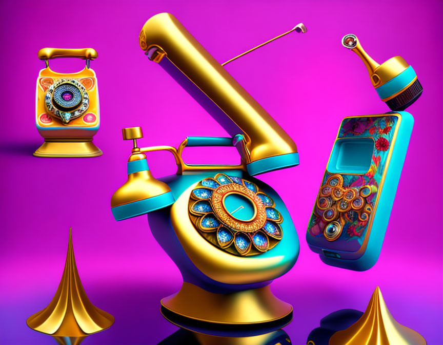 Colorful vintage telecommunications devices on purple backdrop