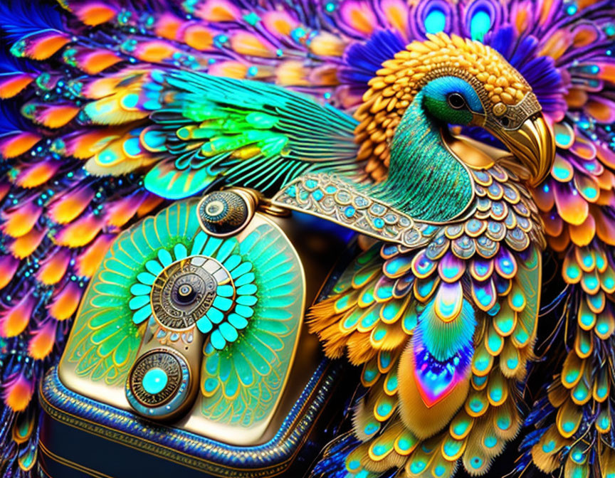 Colorful Peacock Artwork with Mosaic-Like Design