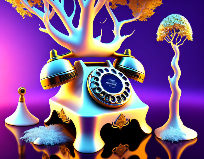 Gold retro rotary phone and cone on surreal purple background with stylized trees