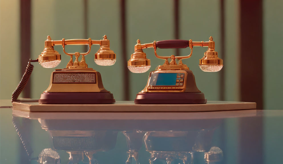 Vintage-Style Telephones with Gold Accents on Reflective Surface