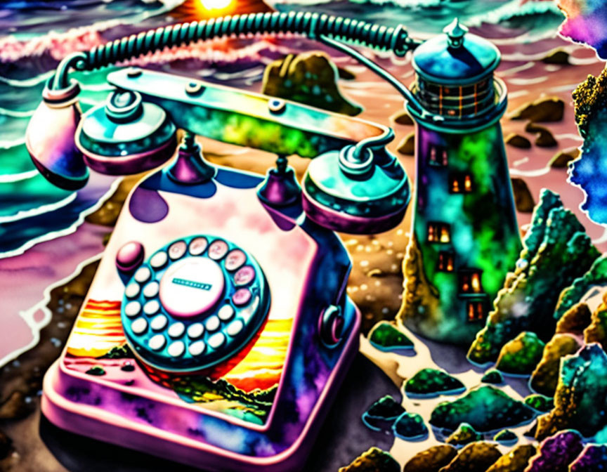 Colorful Vintage Telephone & Lighthouse Illustration with Surreal Patterns