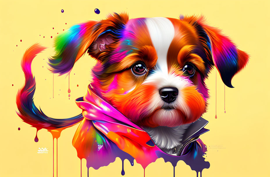 Colorful Puppy Digital Artwork on Yellow Background with Melting Paint Effect