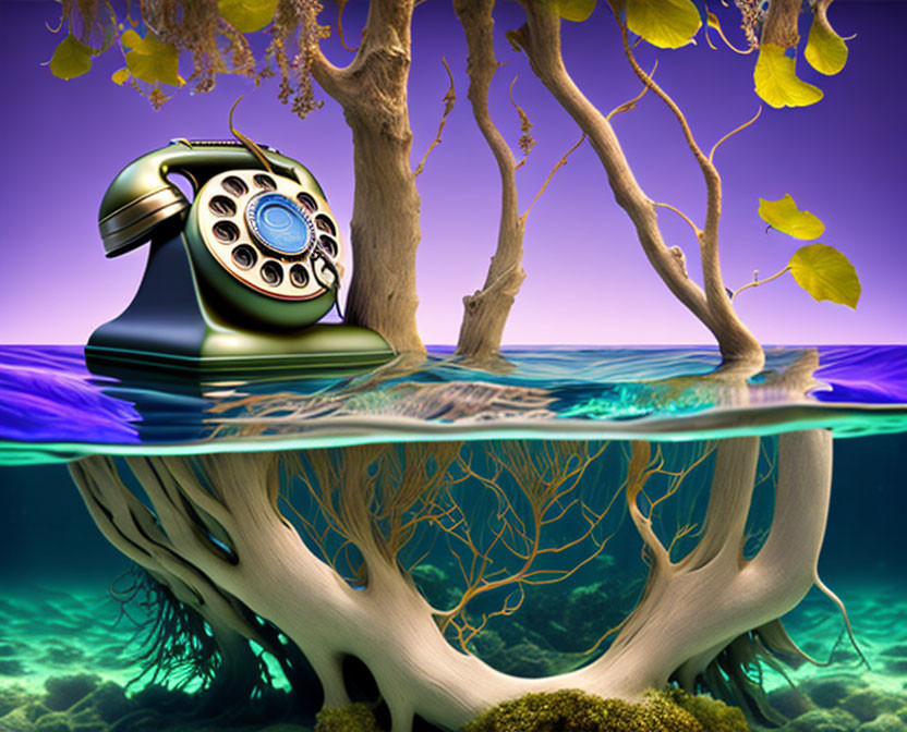 Vintage Telephone Half-Submerged with Trees and Falling Leaves