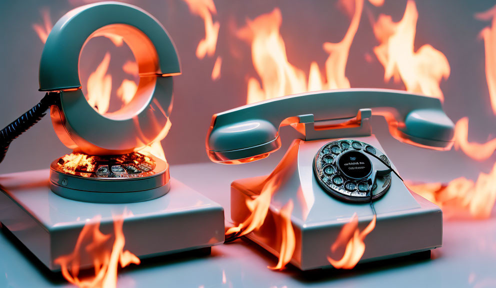 Vintage rotary telephone engulfed in flames on reflective surface