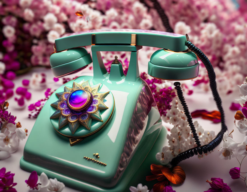 Vintage Turquoise Rotary Phone with Gold and Purple Emblem Among Pink and White Blossoms