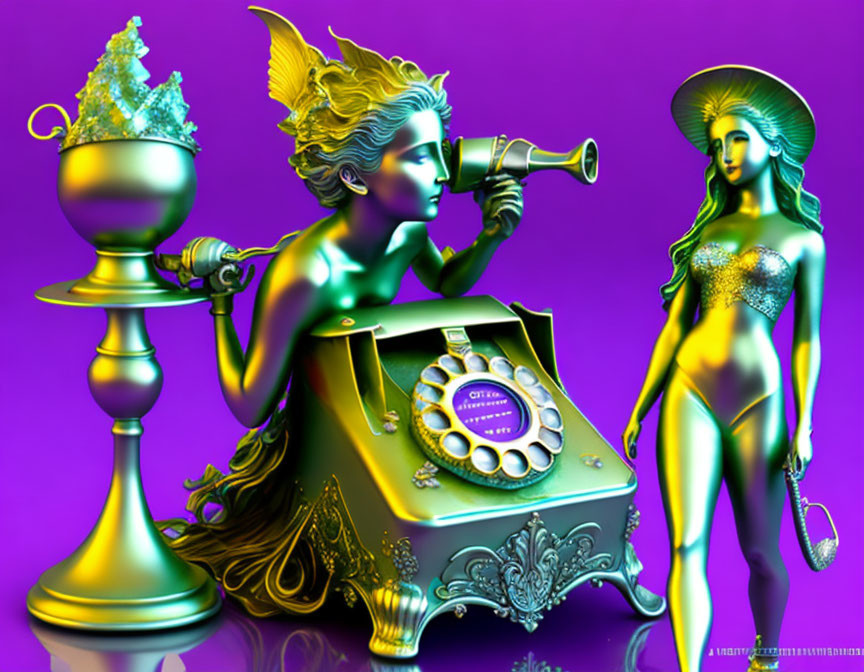 Metallic Figures Blowing Horn and Holding Cup in Stylized 3D Art