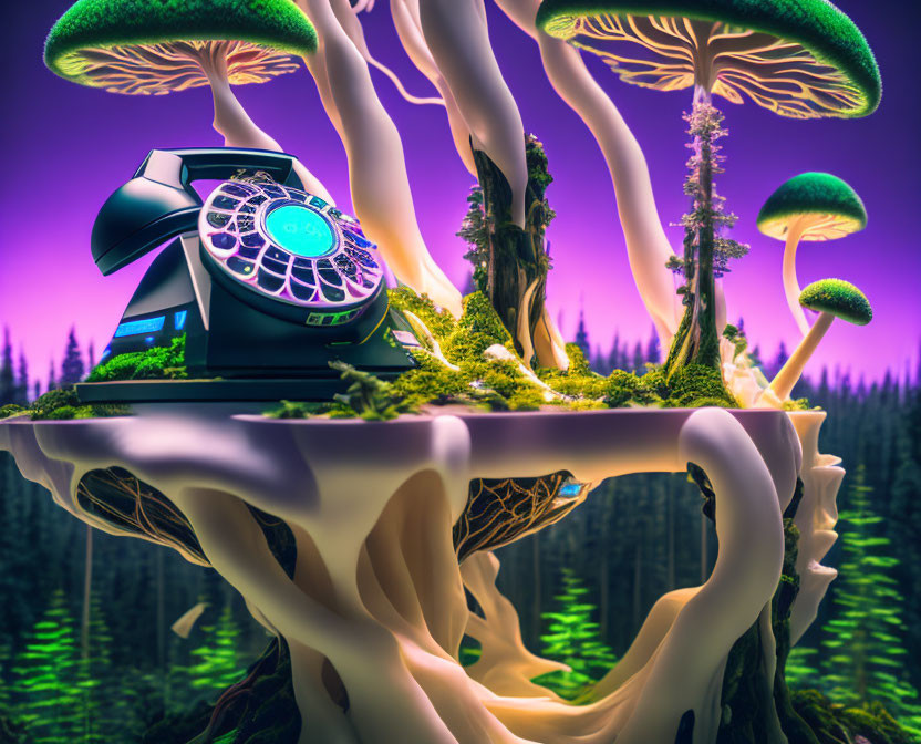 Fantastical landscape with oversized mushrooms and trees, phone on natural pedestal, purple sky