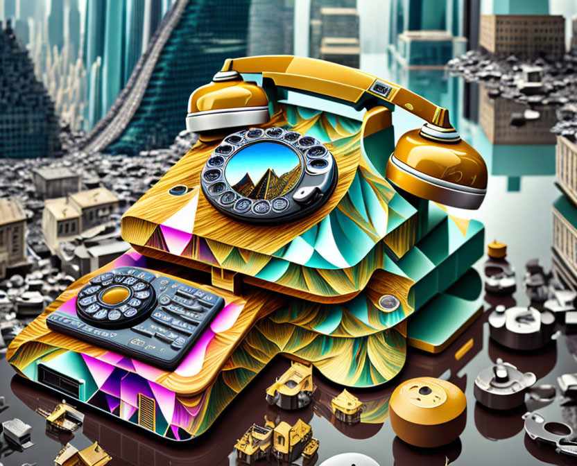 Colorful surreal artwork: Rotary phone with integrated landscapes and architecture against city backdrop