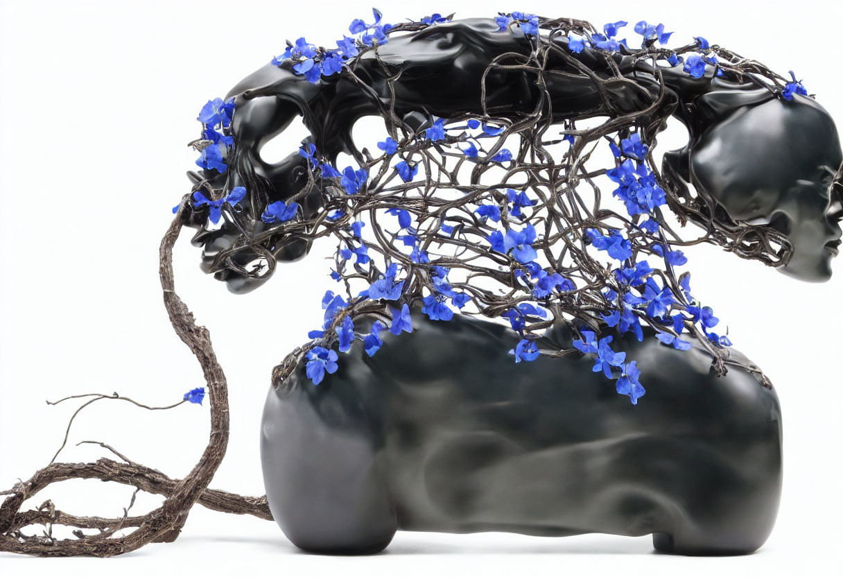 Sculpture of intertwined black figures with blue flower hair