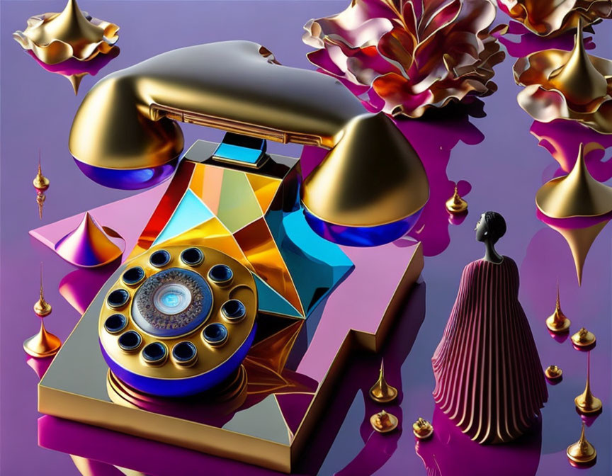 Surreal 3D artwork: vintage phone, golden shapes, small figure on purple platform