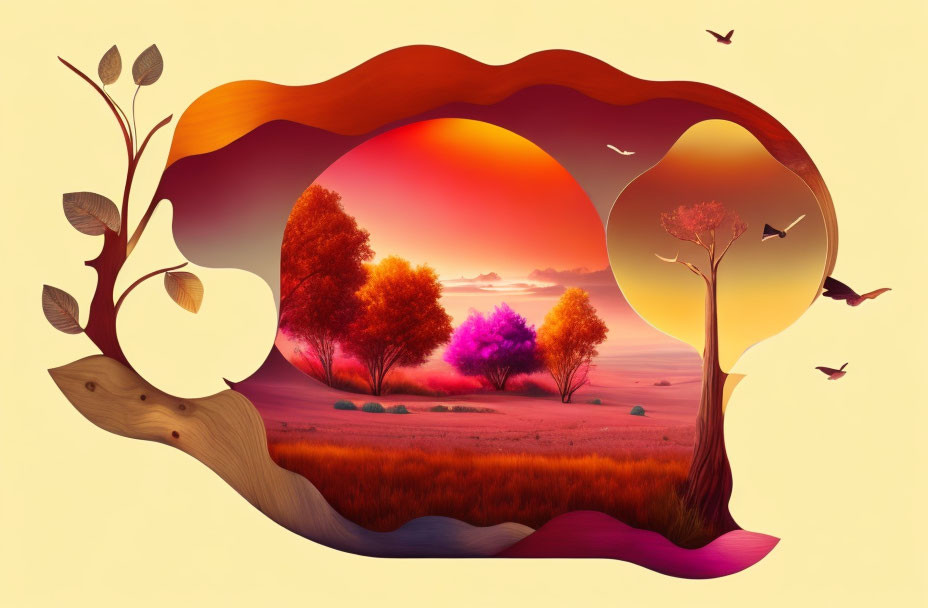 Vibrant surreal landscape with colorful trees and sunset