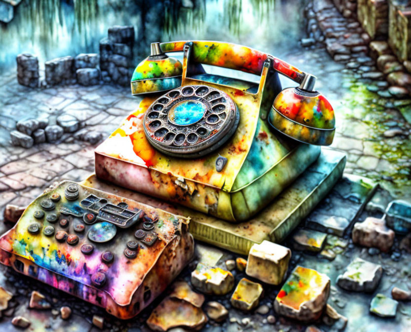 Colorful Painting of Old Telephones and Electronics Amid Stone Ruins
