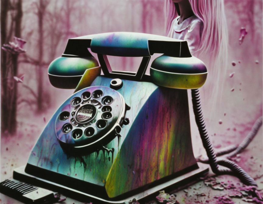 Surreal vintage telephone with colorful paint drips in dreamy forest setting
