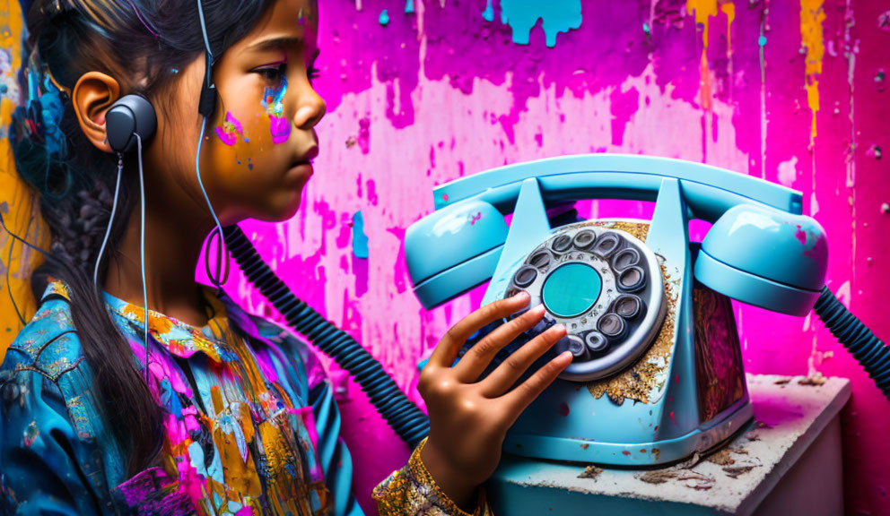Girl with Painted Face Listening to Retro Blue Telephone in Vibrant Splattered Colors