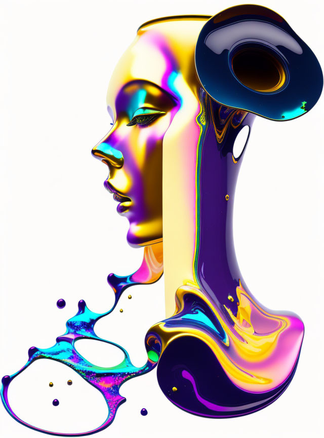 Colorful digital artwork: Human face melting into liquid shapes