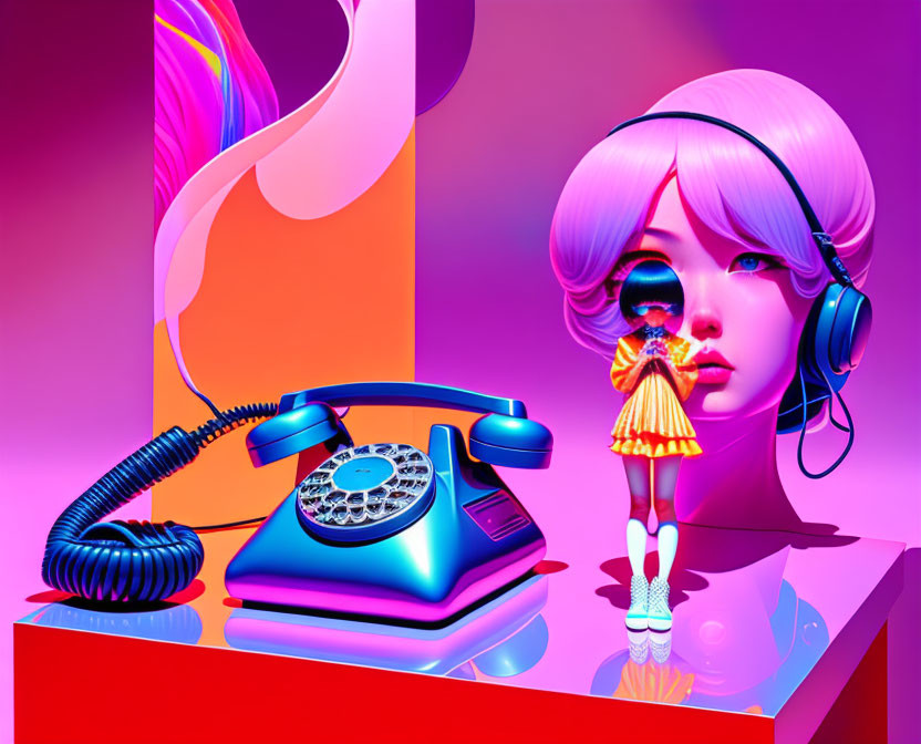 Digital Art: Stylized Female Figure with Headphones and Retro Telephone in Neon Environment