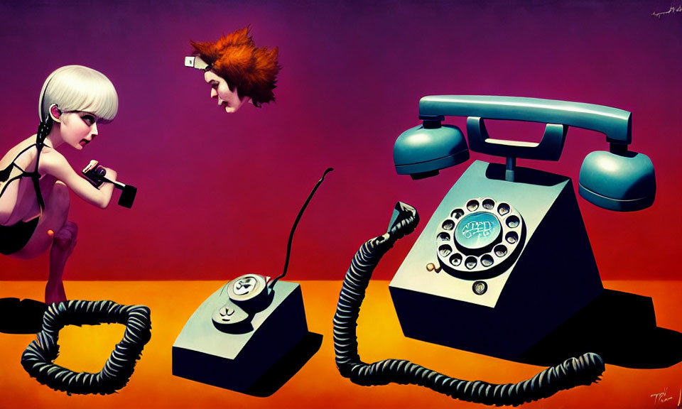 Surreal Artwork: Stylized Figures on Rotary Phones in Purple and Red Background
