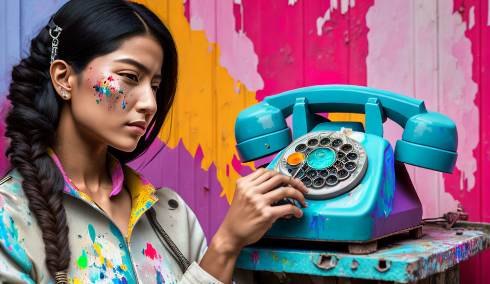 Woman with Paint Splatters Holding Retro Blue Rotary Phone on Graffiti Background